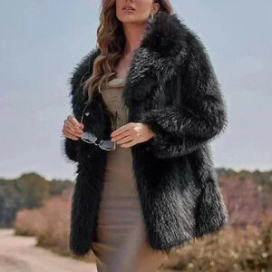 Black Preppy Womens Lapel Neck Slant Pockets Fuzzy Coat